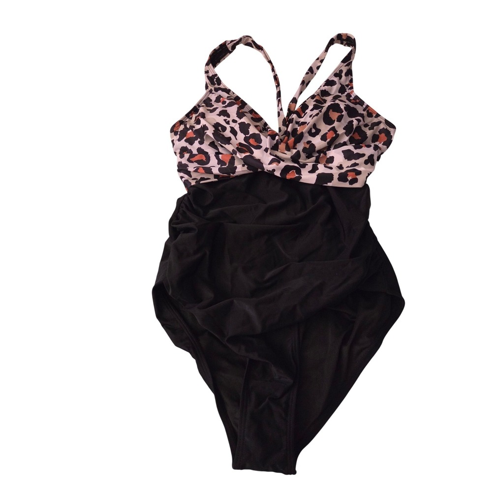Cocopear Womens Leopard Print Twist Front One Piece Swimsuit‎ Black Ruched Large